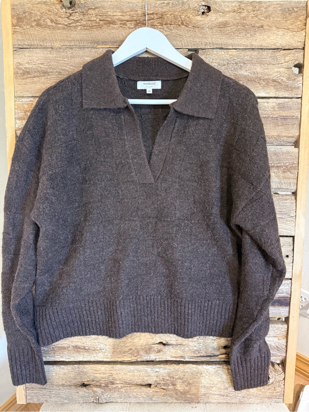 Brown Collared V-Neck Wool Blend Sweater